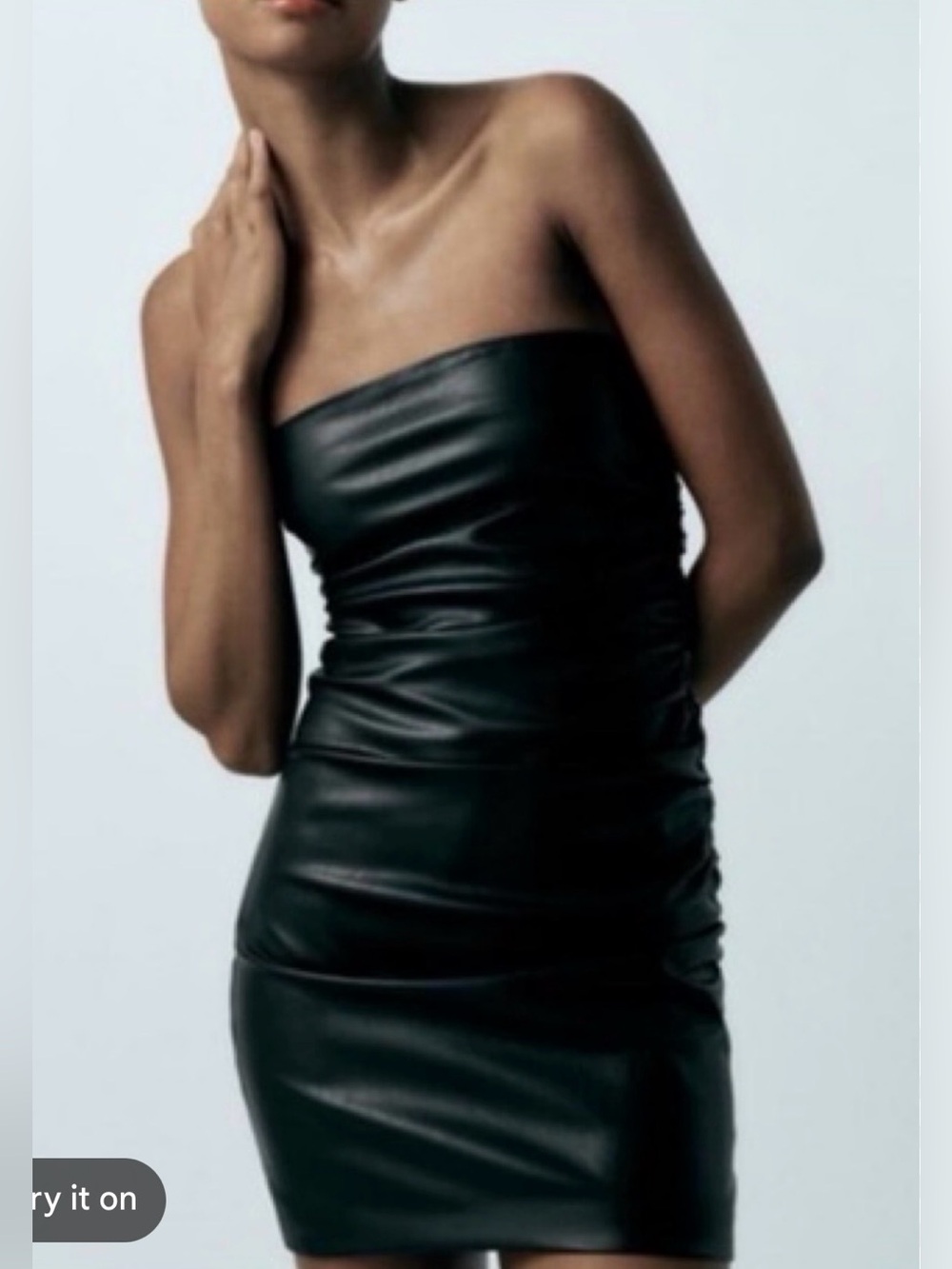 ZARA Black Faux Leather Strapless Draped Mini Dress Size S NWT